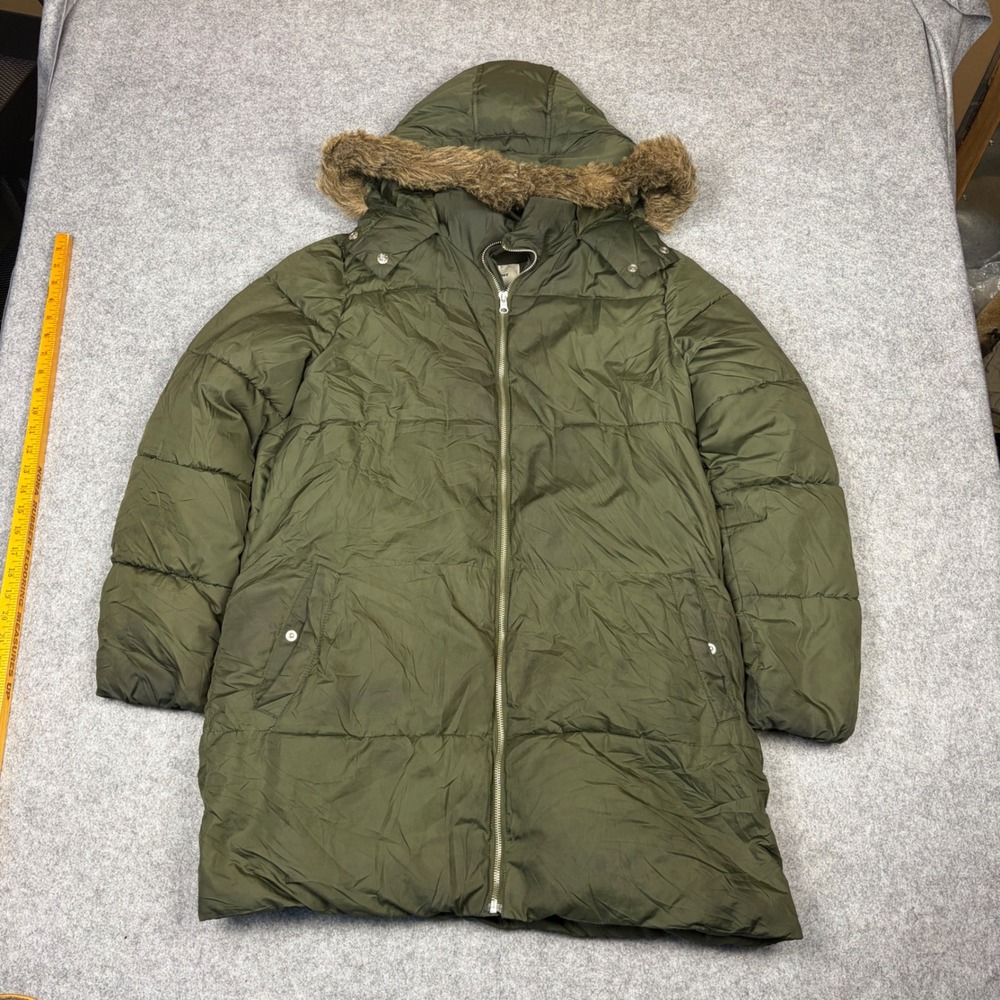 Old Navy Womens Large Olive Green Faux Fur Trim Hooded Puffer Parka Jacket Coat
